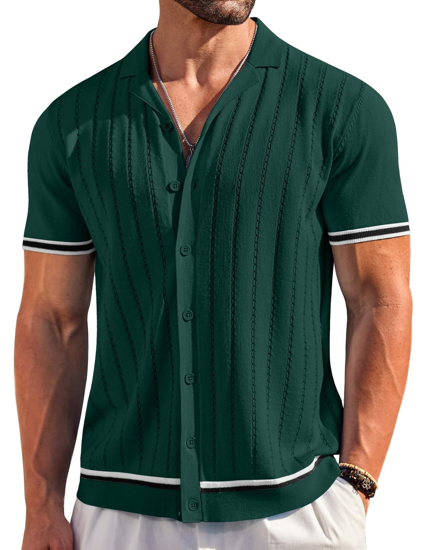 HOTCOOFANDY Men's Short Sleeve Knit Shirt Casual Button Down Shirt Vintage Striped Knitted Golf Beach Tops