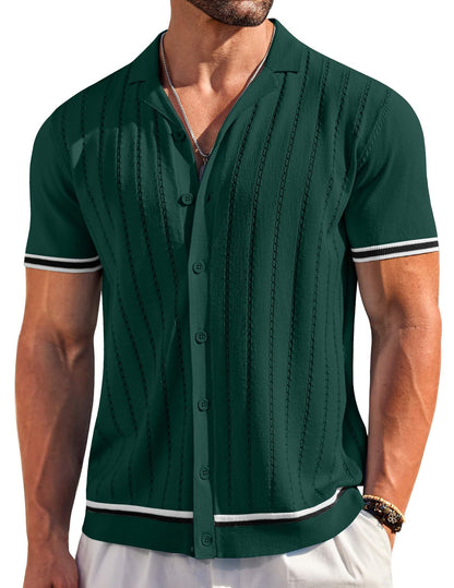 HOTCOOFANDY Men's Short Sleeve Knit Shirt Casual Button Down Shirt Vintage Striped Knitted Golf Beach Tops