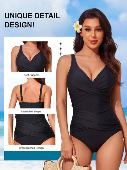 HOTSmismivo Tummy Control Swimsuits for Women Slimming One Piece Bathing Suit Retro Ruched Push Up Vintage Padded Swimwear