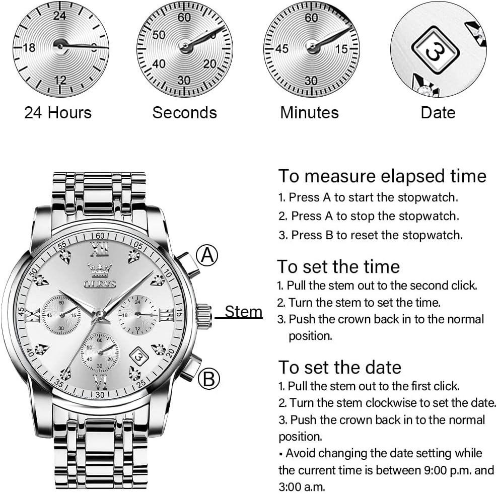 HOTOLEVS Men's Stainless Steel Chronograph Watch, Big Face Gold Silver Black Tone Easy to Read Analog Quartz Watch, Luxury Waterproof Date Diamond Roman Arabic Numerals Dial Dress Watch for Men
