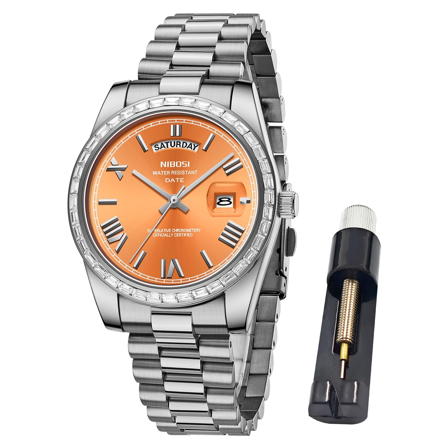 HOTNIBOSI Men's Watches Analog Quartz Diamond Bezel Stainless Steel Dial Rose Gold Silver Watches for Men Waterproof Business Classic Dress Wrist Watch with Day Date