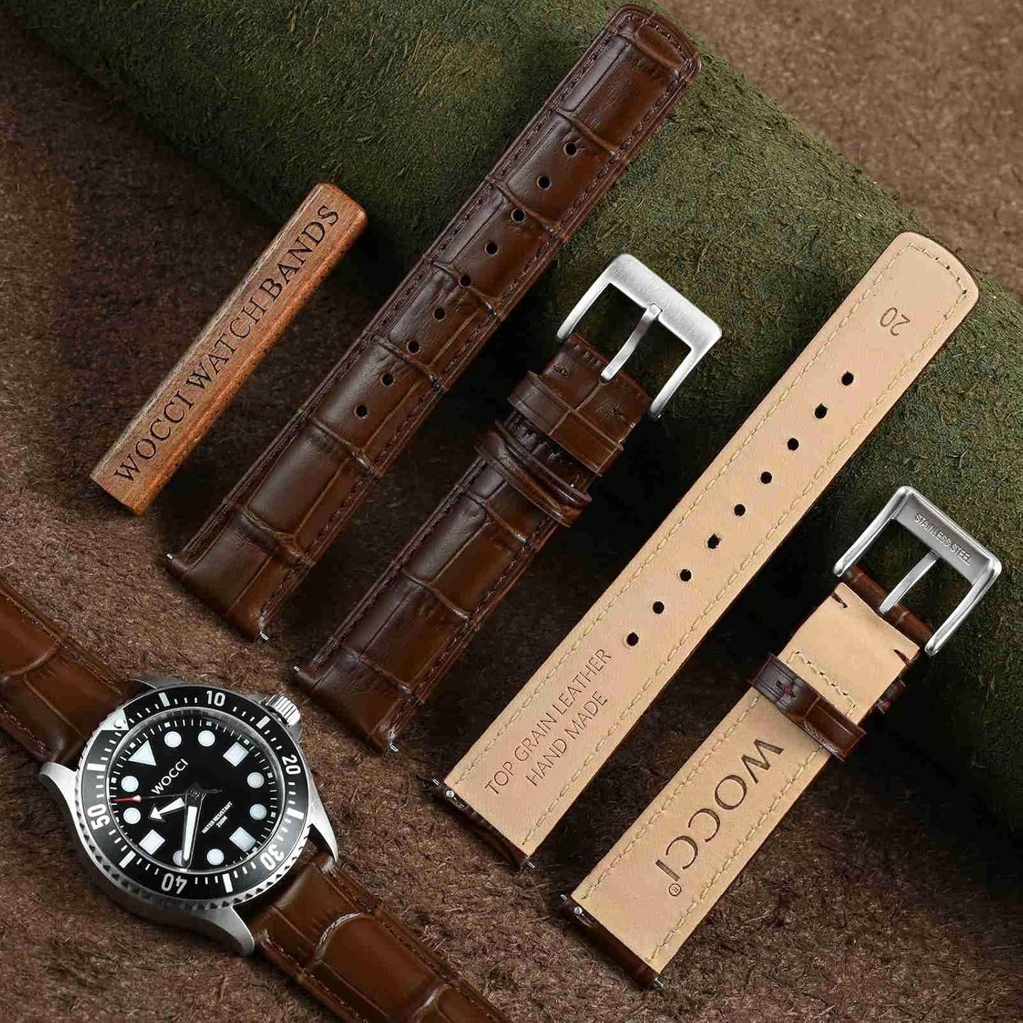 HOTWOCCI Watch Bands, Top Grain Leather, Embossed Alligator Grain, Quick Release, Band Width 18mm 20mm 22mm