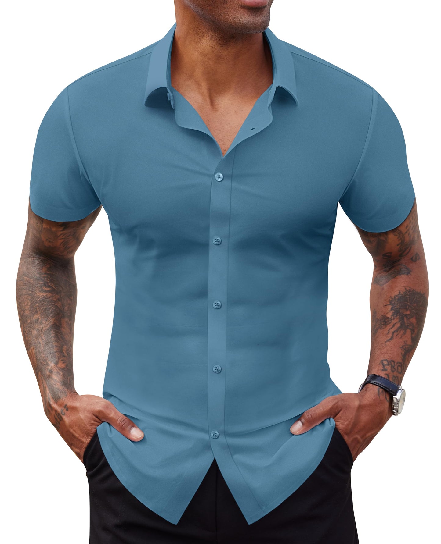 HOTLion Nardo Stretch Dress Shirts for Men Short Sleeve Slim Fit Casual Button Down Shirts Muscle Fit Men's Dress Shirts