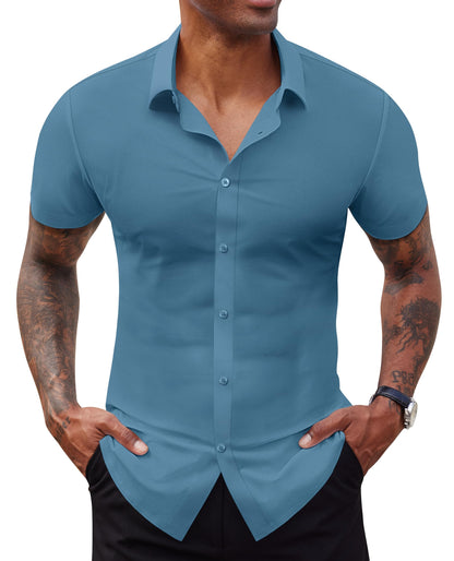 HOTLion Nardo Stretch Dress Shirts for Men Short Sleeve Slim Fit Casual Button Down Shirts Muscle Fit Men's Dress Shirts