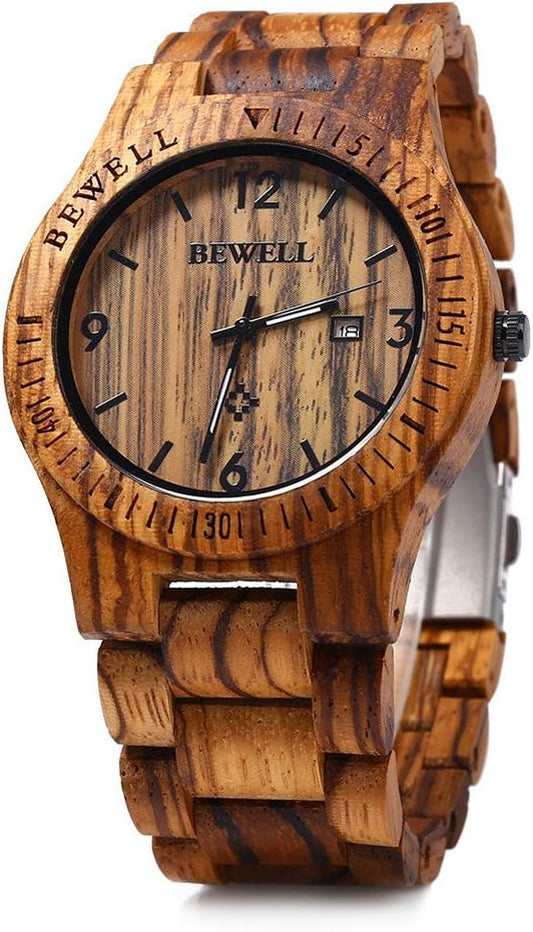 HOTBEWELL ZS-W086B Wooden Watch Men Gifts Handmade Date Display Quartz Movement Analog Lightweight Wood Wrist Watches