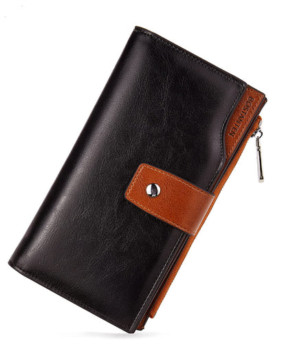 HOTBOSTANTEN Womens Leather Wallet RFID Large Capacity Credit Card Holder | 4 ID Windows, 16 Card Slots, Zipper Coin Pocket, Clutch Wallet, Long Bifold, Ladies Gifts, Brown