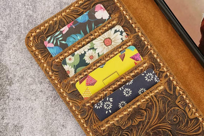 HOTTooled Leather Phone Wallet Case Compatible with iphone 17 16 15, Hand-Sewn Saddle Stitch, 4 Card Slots, Wrist Strap, Snap Folio