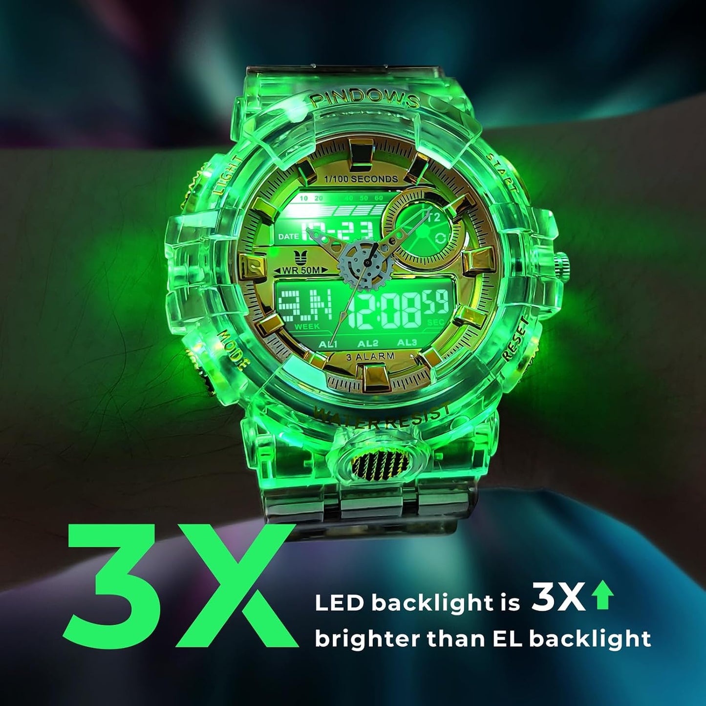 HOTPINDOWS Watches for Men, Transparent Gold Analog Digital Dual Time 50M Waterproof, LED Backlight Multifunctional with Alarms, Stopwatch, Ideal for Sports, Outdoor Activities, and Daily Wear
