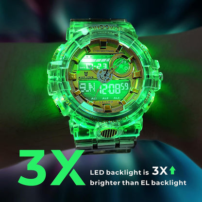 HOTPINDOWS Watches for Men, Transparent Gold Analog Digital Dual Time 50M Waterproof, LED Backlight Multifunctional with Alarms, Stopwatch, Ideal for Sports, Outdoor Activities, and Daily Wear