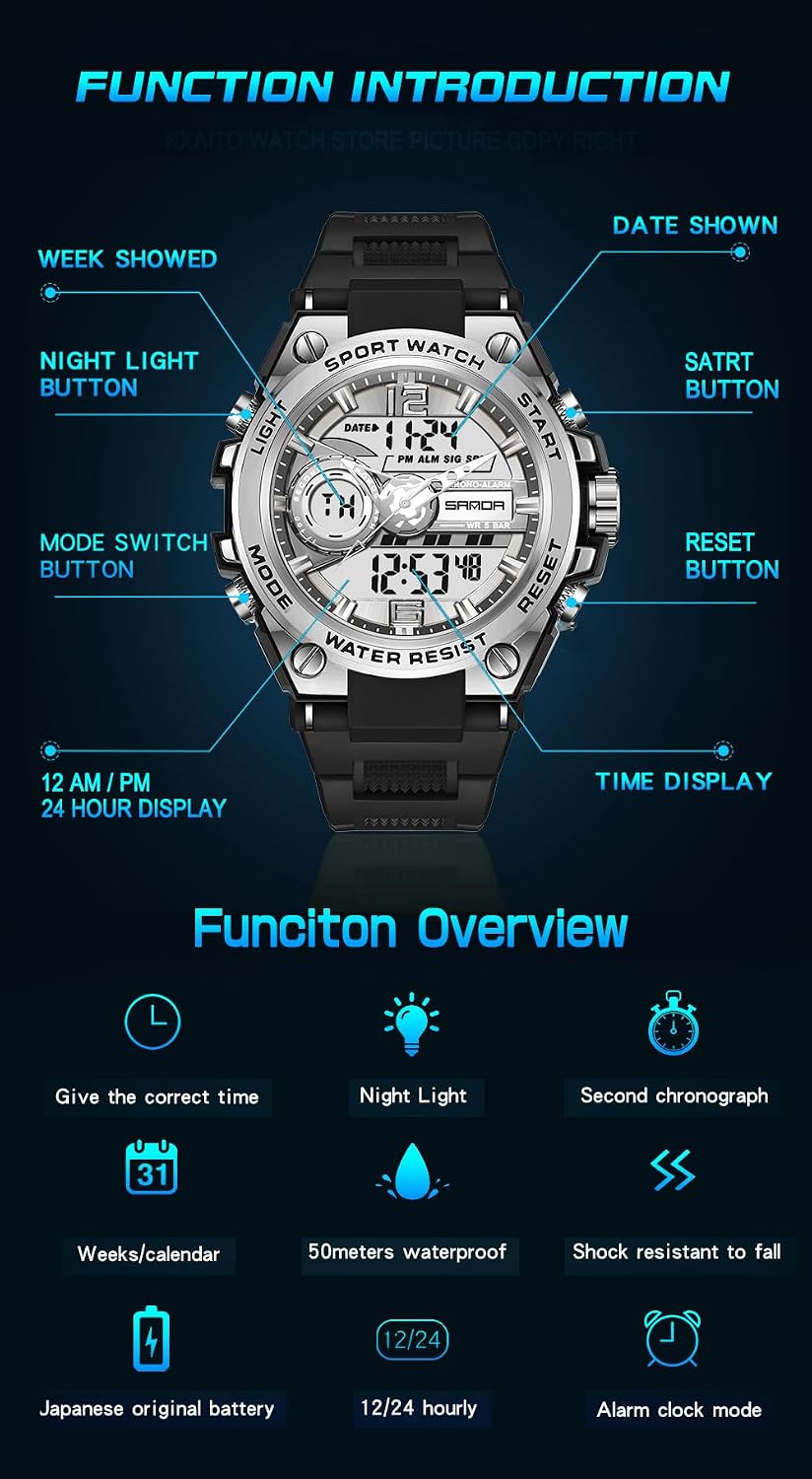 HOTKXAITO Men's Watches Sports Outdoor Waterproof Military Watch Date Multi Function Tactics LED Alarm Stopwatch