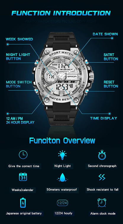 HOTKXAITO Men's Watches Sports Outdoor Waterproof Military Watch Date Multi Function Tactics LED Alarm Stopwatch