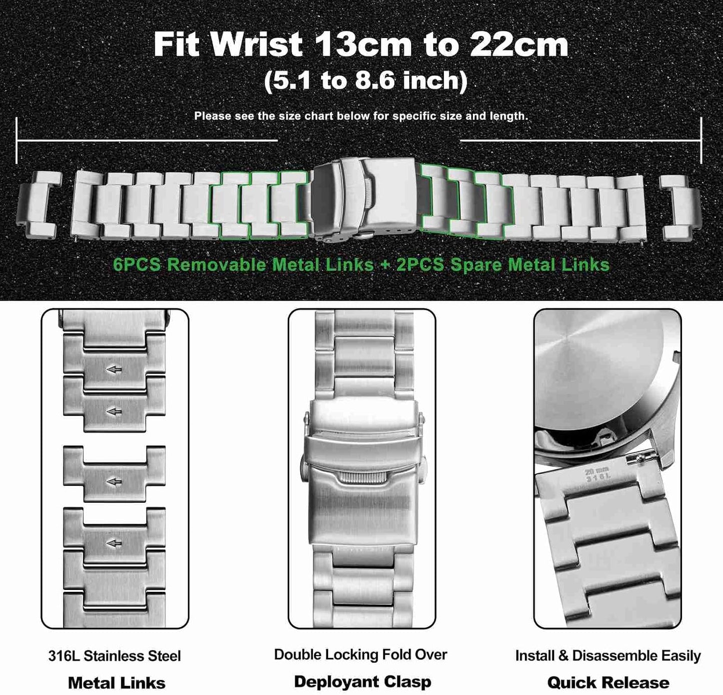 HOTWOCCI 22mm Heavy-duty Metal Watch Band for Men, 316L Stainless Steel, Double Locking Deployant Clasp (Silver)