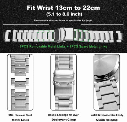 HOTWOCCI 22mm Heavy-duty Metal Watch Band for Men, 316L Stainless Steel, Double Locking Deployant Clasp (Silver)
