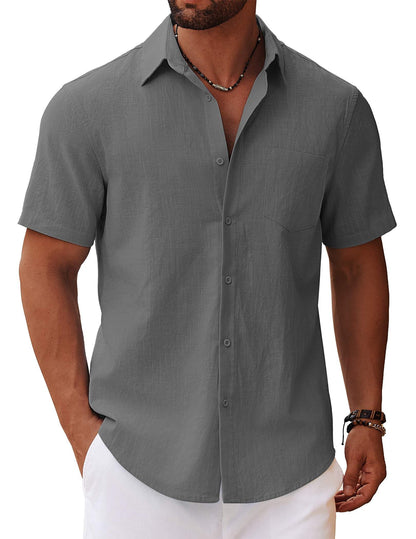 HOTCOOFANDY Men's Button Down Short Sleeve Shirt Casual Cotton Summer Beach Linen Wedding Shirts with Pocket
