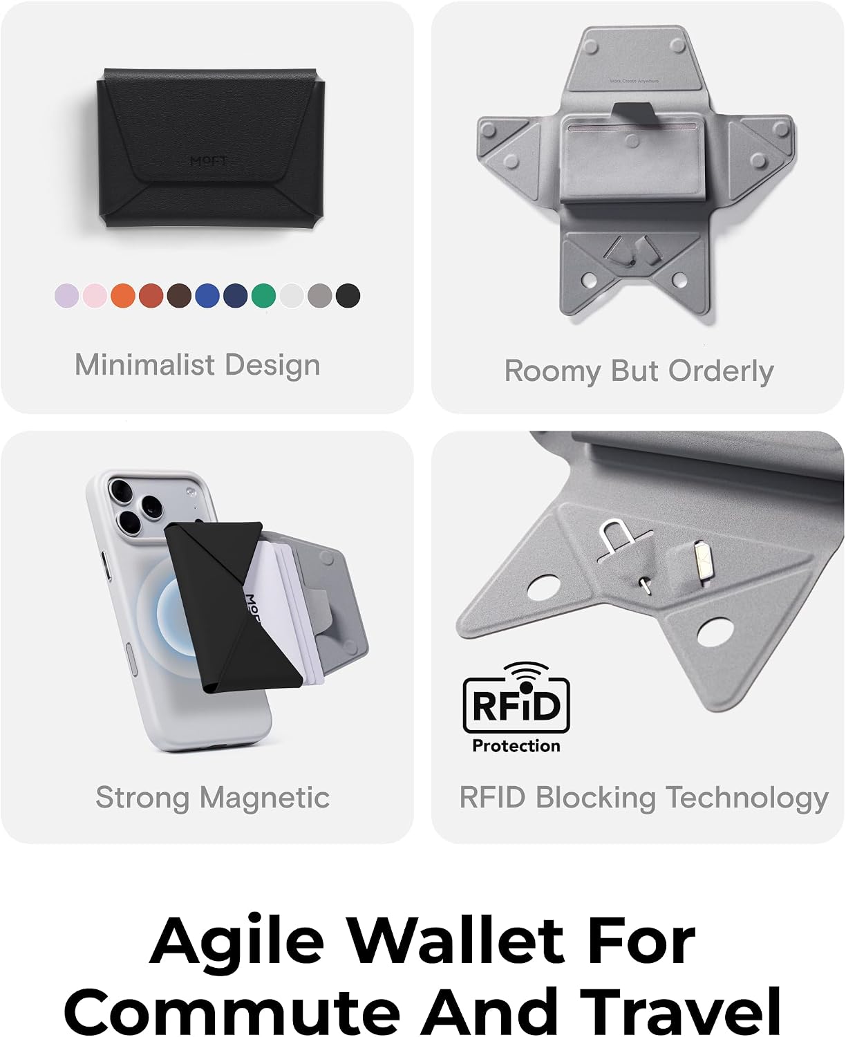 HOTMOFT Magnetic Women Wallet with Stand, Snap Field Wallet Premium MOVAS Leather Card Holder with Horizontal & Vertical Angle, 3-Layer Organized Slim Minimalist Wallet for Daily Use, Jet Black