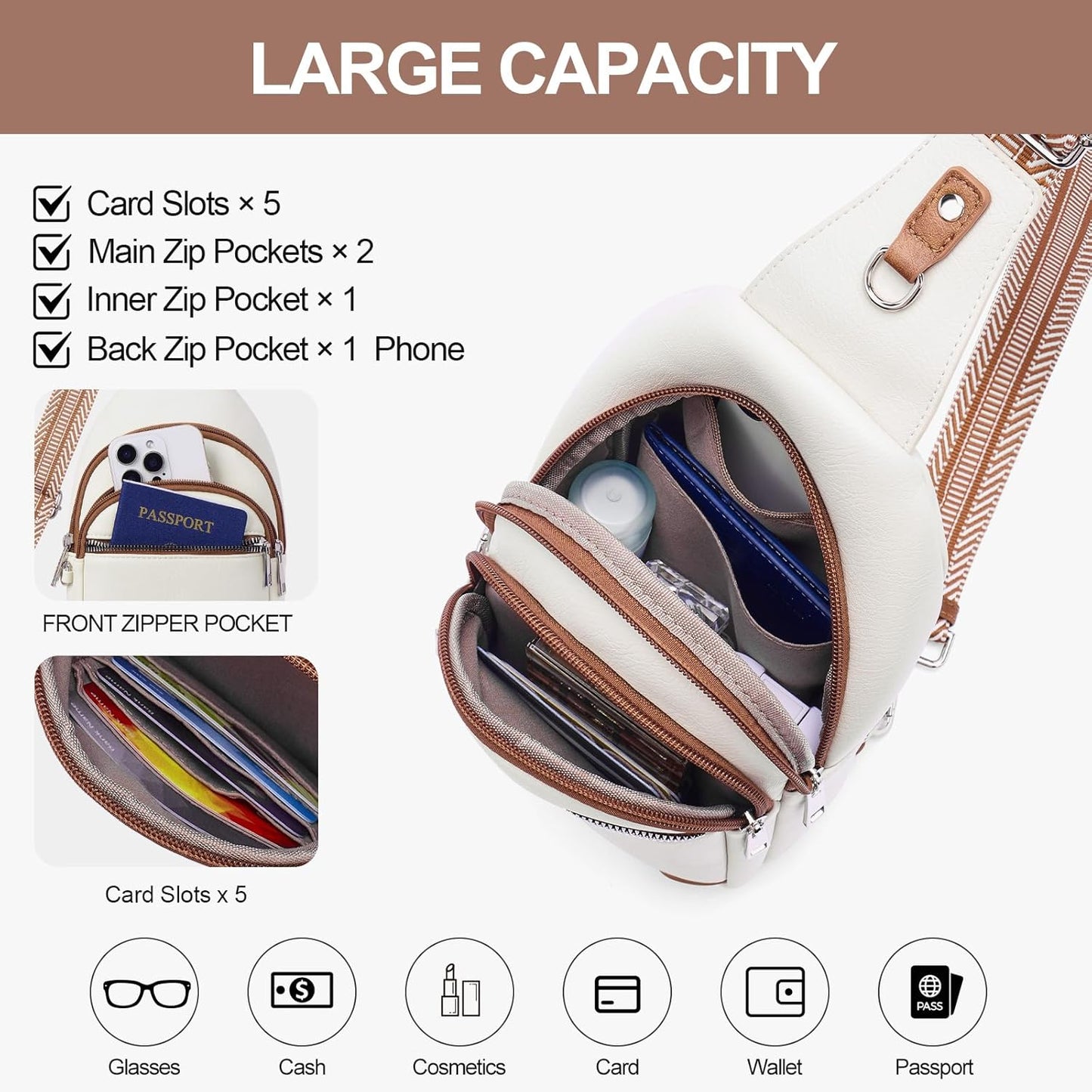 HOTAnti Theft Crossbody Bags for Women Travel Chest Sling Bag Leather RFID Purse Fanny Pack Beige