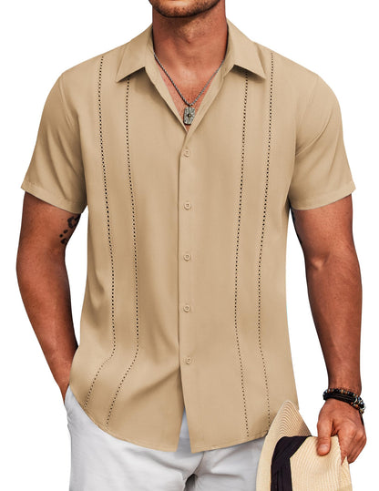 HOTCOOFANDY Mens Cuban Guayabera Shirt Short Sleeve Button Down Shirts Summer Beach Vacation Shirts
