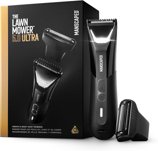 HOTMANSCAPED® The Lawn Mower® 5.0 Ultra Groin & Body Hair Trimmer – Dual-Head SkinSafe® Trimmer & Foil Blades, Waterproof Wet/Dry Groomer, USB-C Rechargeable with Travel Case, Men’s Ball Shaver, Black