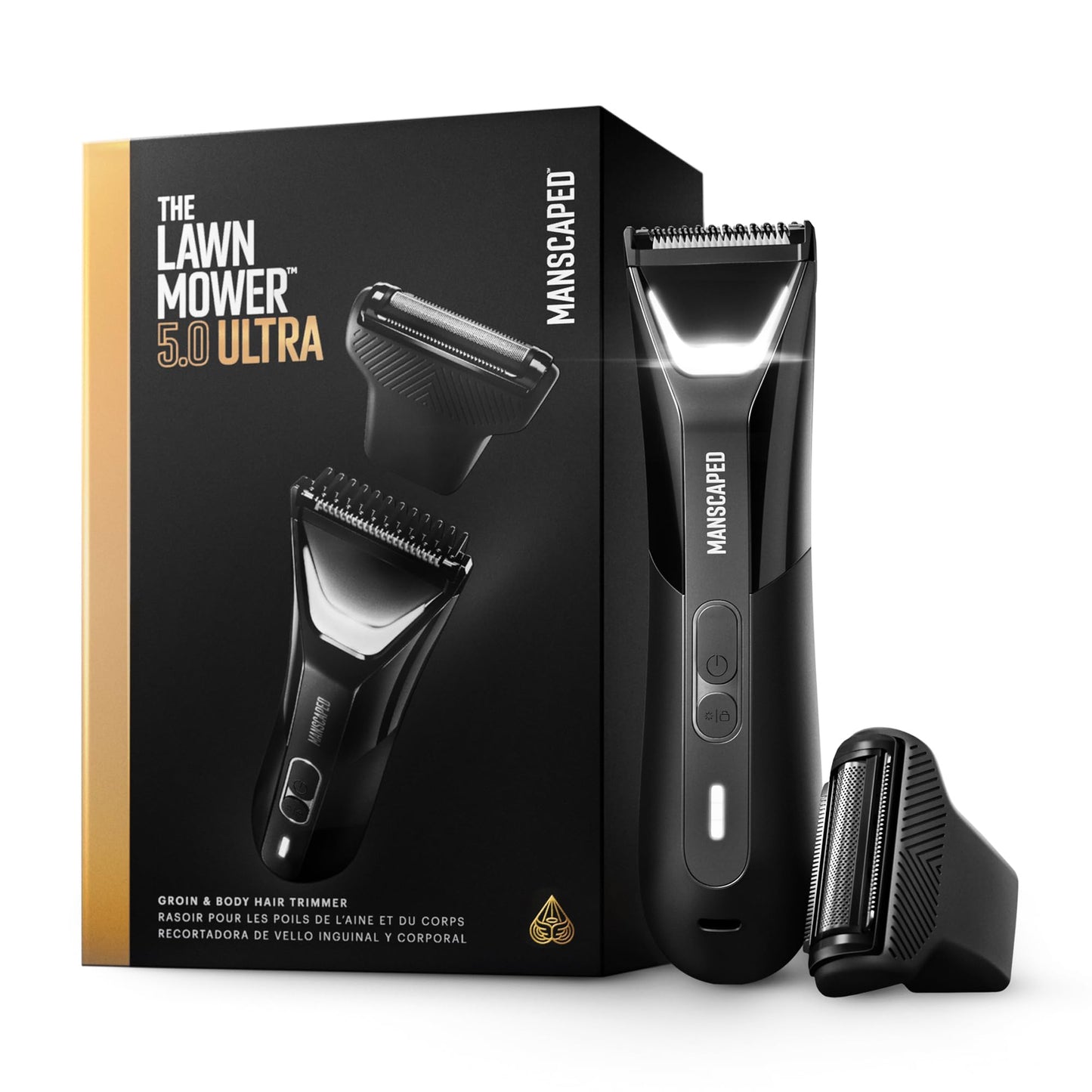HOTMANSCAPED® The Lawn Mower® 5.0 Ultra Groin & Body Hair Trimmer – Dual-Head SkinSafe® Trimmer & Foil Blades, Waterproof Wet/Dry Groomer, USB-C Rechargeable with Travel Case, Men’s Ball Shaver, Black