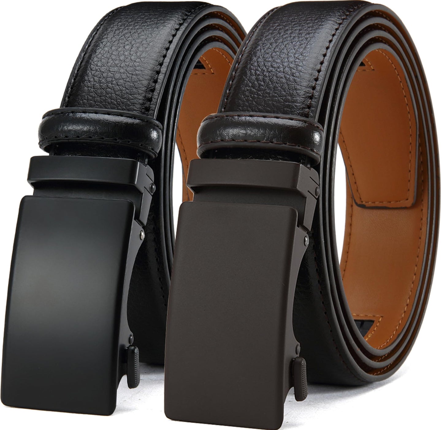 HOTDOOPAI Men's Leather Ratchet Belts 2 Pack Adjustable Click Belt Set for Dress & Casual, Custom Fit 1 3/8" (35mm) -Trim to Fit