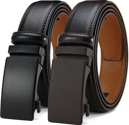 HOTDOOPAI Men's Leather Ratchet Belts 2 Pack Adjustable Click Belt Set for Dress & Casual, Custom Fit 1 3/8" (35mm) -Trim to Fit