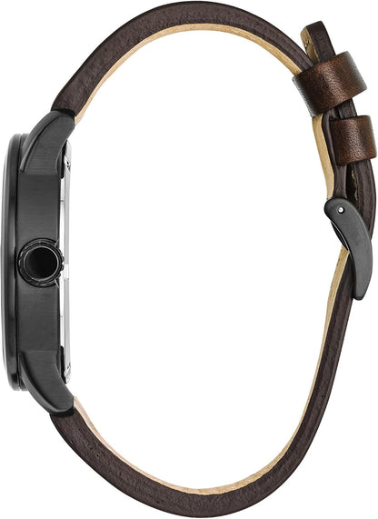 HOTCitizen Men's Eco-Drive Weekender Garrison Field Watch in Black Ion Plating Stainless Steel with Brown Leather Strap, Navy Dial (Model: BM8478-01L)