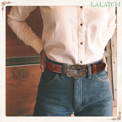 HOTCowboy Cowgirl Belt Western Belts for Men Women Floral Engraved Longhorn Bull Buckle Belt for Jeans