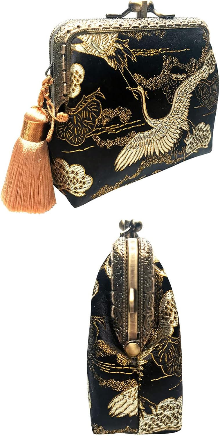 HOTVintage Brocade Buckle Coin Purse Kiss-lock Wallet for Women(crane)