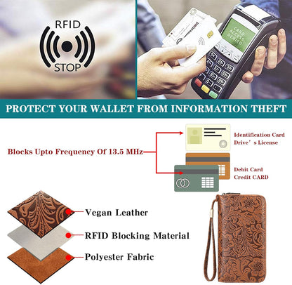 HOTGOIACII Women's Wallet Wristlet Ladies Phone Purse RFID Blocking Large Card Holder Double Zip Grip Strap Vegan Leather