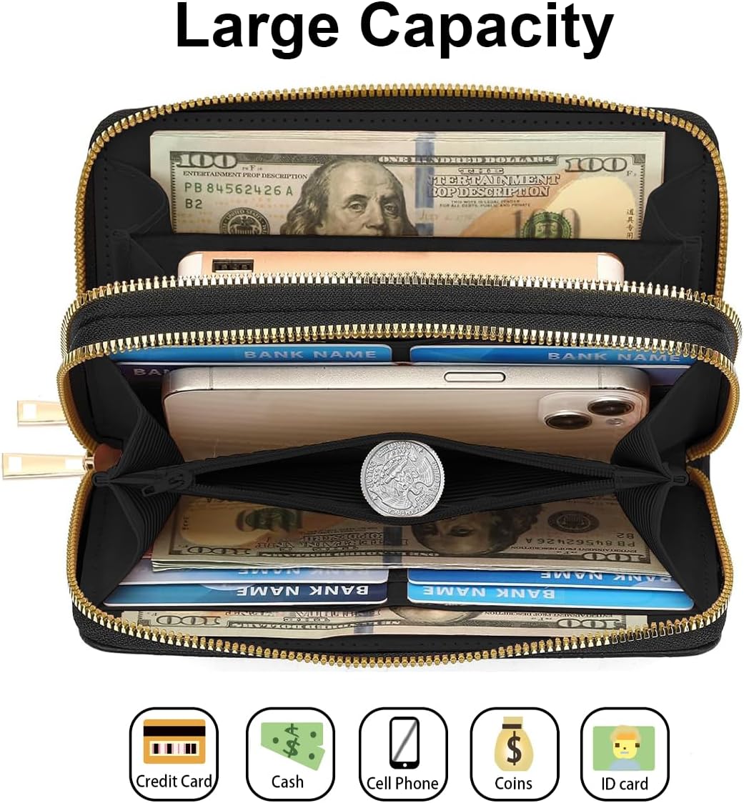 HOTBrown Cow Print Women's Large Capacity Wallet PU Leather Double Zipper Clutch Purse for Cash/Card/Coin/Smart Phone