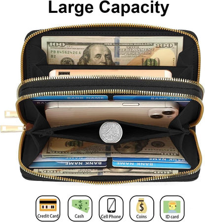 HOTBrown Cow Print Women's Large Capacity Wallet PU Leather Double Zipper Clutch Purse for Cash/Card/Coin/Smart Phone
