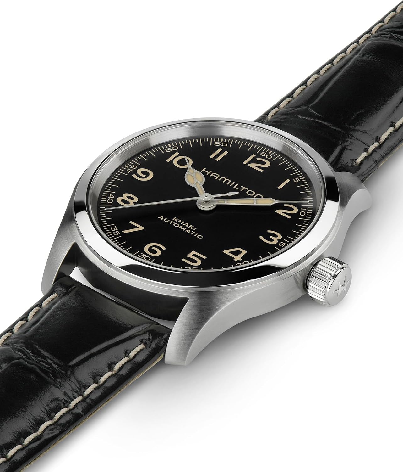 HOTHamilton Khaki Field Murph Automatic Men's Watch, 38mm Stainless Steel Case, Swiss Made, Black Dial Analog Wrist Watch for Men, 100m Waterproof, Sapphire Crystal, 3-Hand Movement, Cow Leather Strap