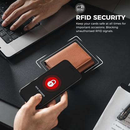 HOTReal Leather Business Card Holder Premium RFID Blocking Card Case with ID Window and Magnetic Closure Holds Up to 40 Business Cards (Grain Brown)