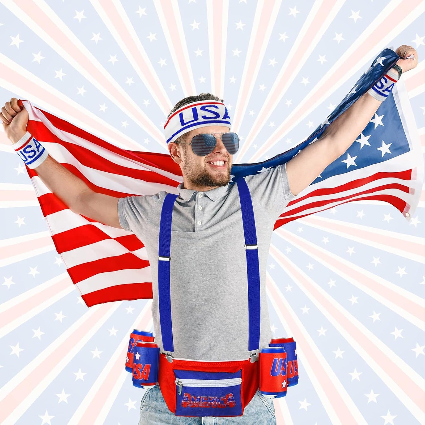 HOTSweetude 4th of July Fanny Pack America Flag Patriotic Outfit Set 250 Years Beverage Beer Belt Costume Set Accessories with USA Drink Holder Sunglasses Striped Sweatband