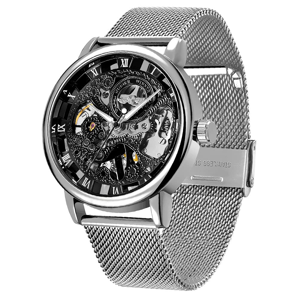 HOTMen's Skeleton Mechanical Roman Numeral Mesh Strap Watch, Hand Winding Mechanical Mesh Luminous Waterproof Watch for Men