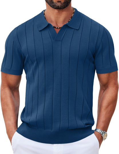 HOTCOOFANDY Mens Polo Shirts Short Sleeve V Neck Knit Shirts for Men Casual Old Money Clothes Mens Golf Shirt