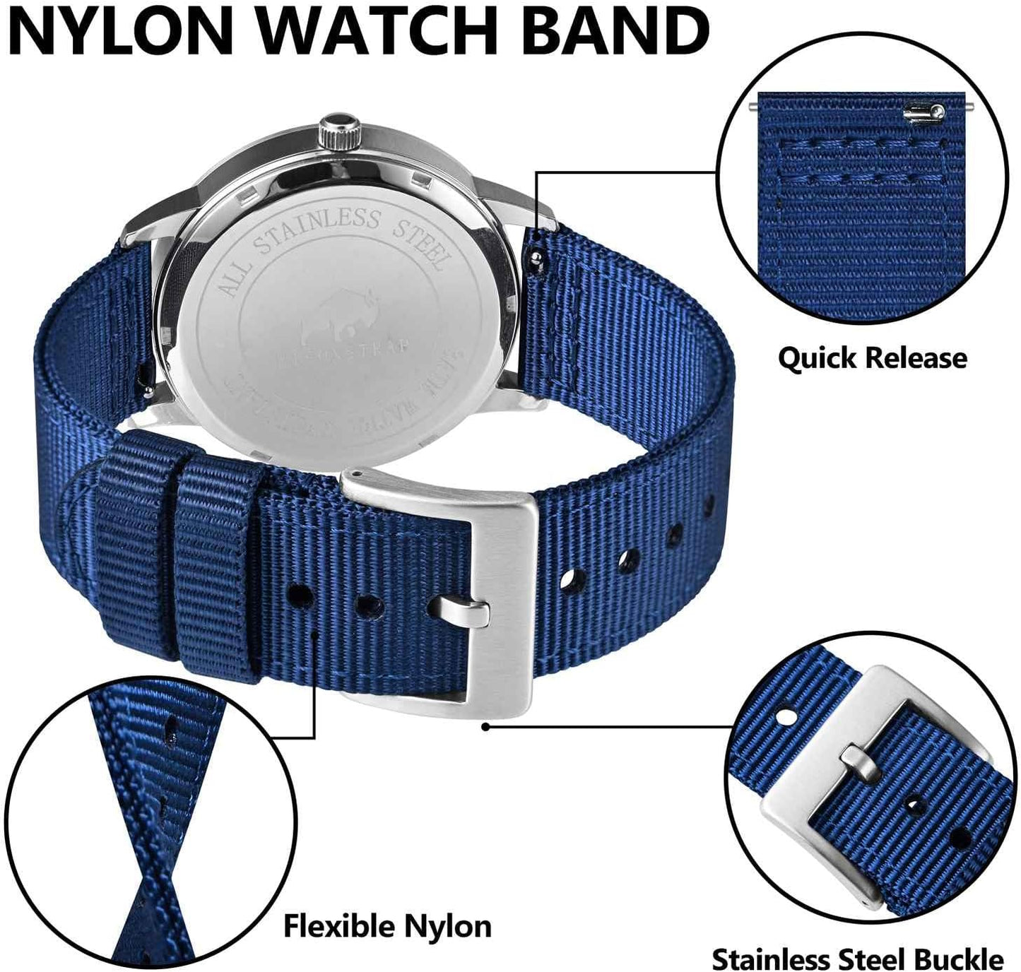 HOTBISONSTRAP Men’s Nylon Watch Bands, Two-Piece Military Watch Straps, Quick Release, Brushed Buckle, Band Width 18mm 19mm 20mm 22mm