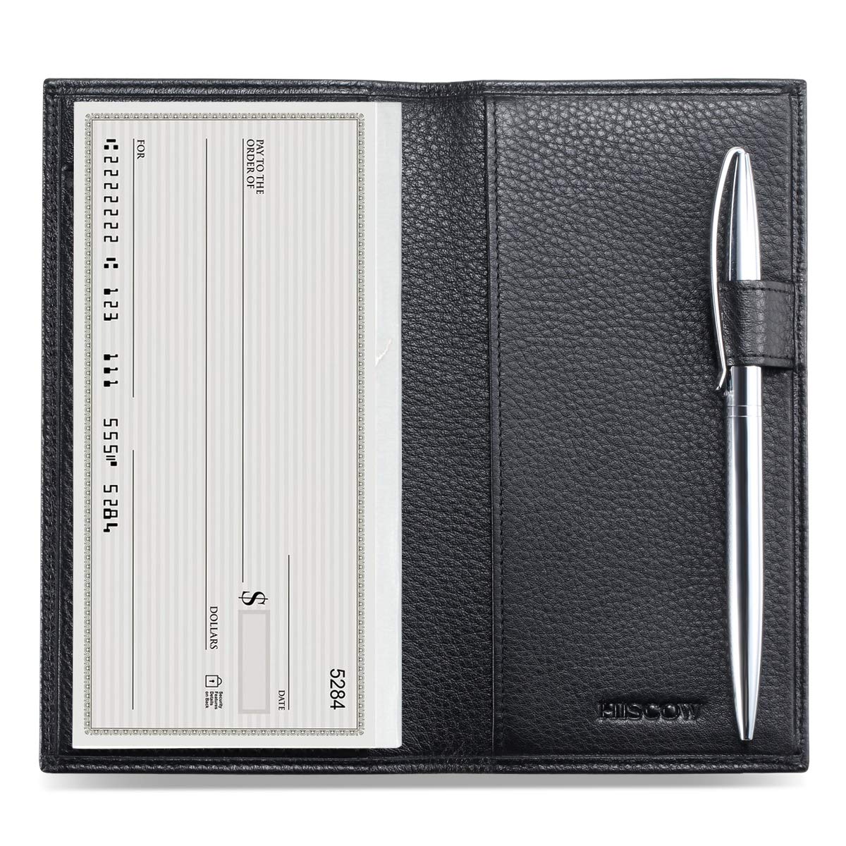 HOTHISCOW Leather Checkbook Cover for Duplicate Checks with Pen Holder | Full grain cowhide, personal check book & register pockets, removable vinyl divider, durable stitching, gifts for women men