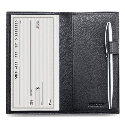 HOTHISCOW Leather Checkbook Cover for Duplicate Checks with Pen Holder | Full grain cowhide, personal check book & register pockets, removable vinyl divider, durable stitching, gifts for women men