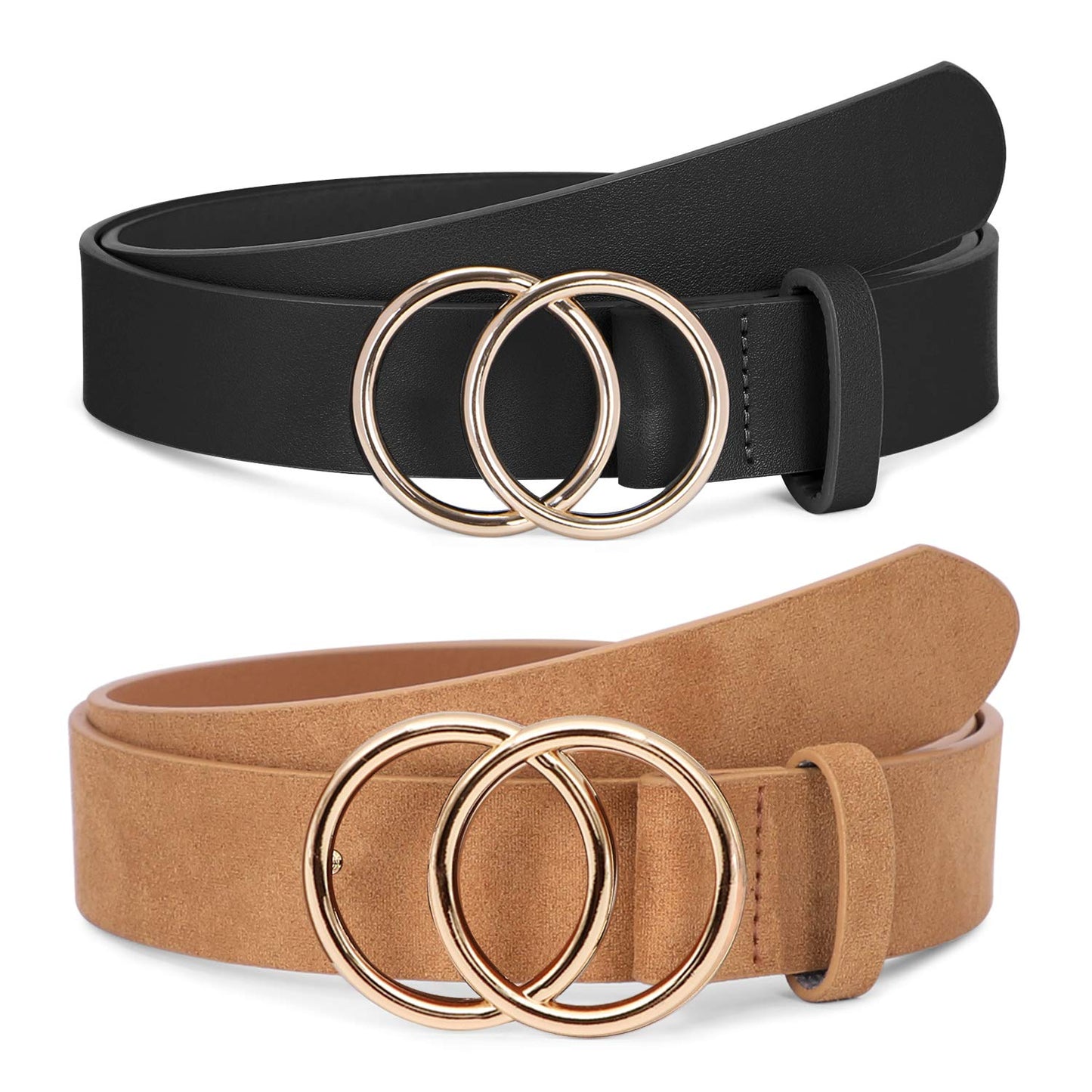 HOTSUOSDEY Women Leather Belt Fashion Double O-Ring Soft Faux Leather Waist Belts For Jeans Dress