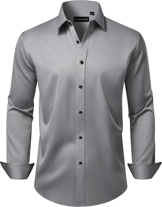 HOTMen's Dress Shirts Long Sleeve Stretch Wrinkle Free Wedding Formal Business Button Down Shirt