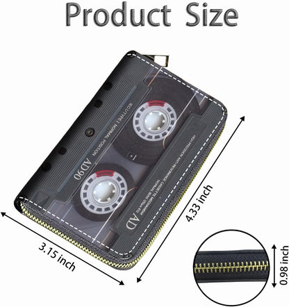 HOTCredit Card Holder Wallets for Women, Small RFID Wallet Slim Leather Card Organizer Case with Zipper, Retro Music Cassette