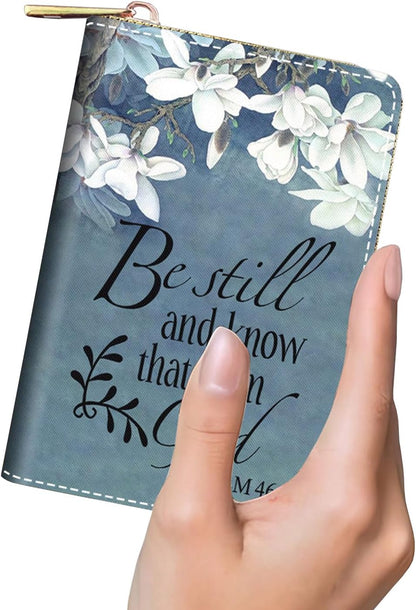 HOTCredit Card Holder Wallets for Women, RFID Blocking Small Leather Card Case Wallet with Zipper Accordion Wallets, Floral Quote Bible Verse Psalm 46:10