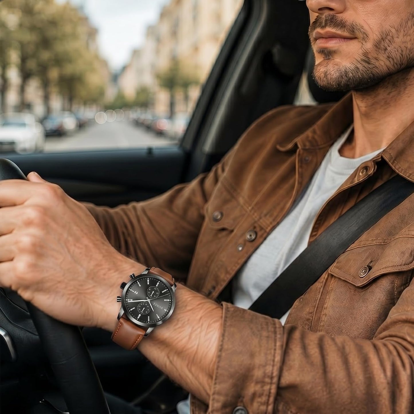 HOTBUREI Men's Leather Watches Chronograph Quartz Watches for Men Classic Cool Lightweight Wristwatch,Gift for Dad Husband Boyfriend