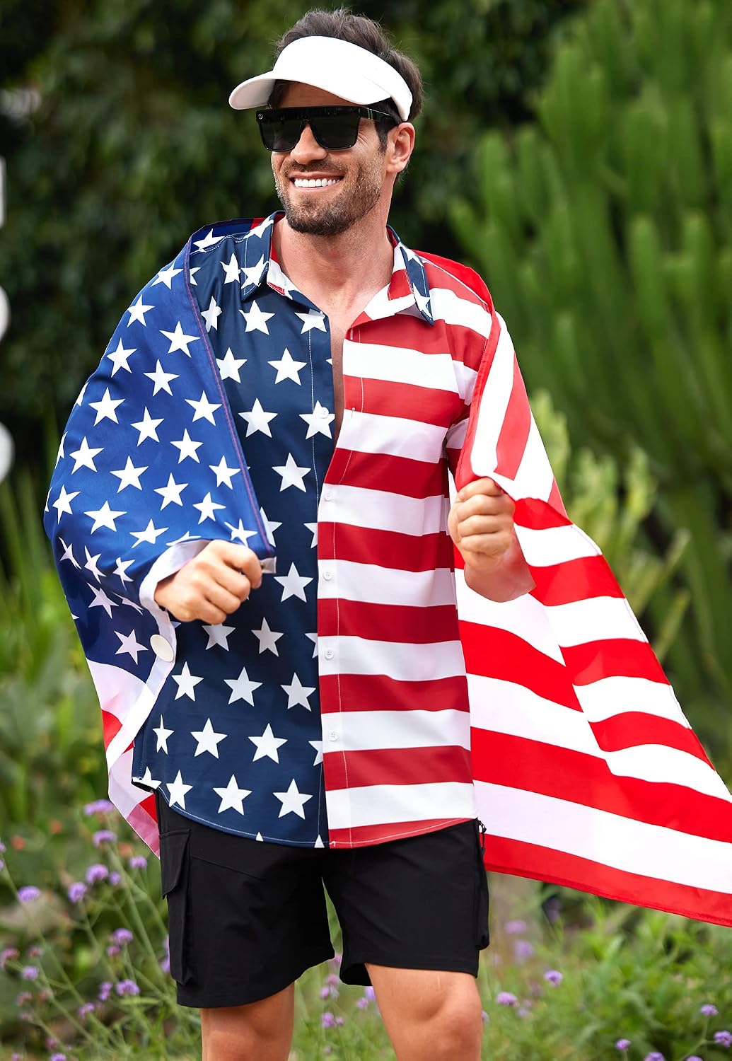 HOTArvilhill Men American Flag Button Shirt 4th of July Short Sleeve Shirts (S-3XL)