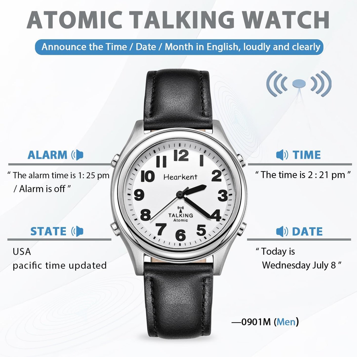 HOTHearkent Atomic American English Talking Watch Speaks Clear and Loud Time, Date and Alarm time Stretch Band is Best Gift for Senior,Visually impaired, or Blind People