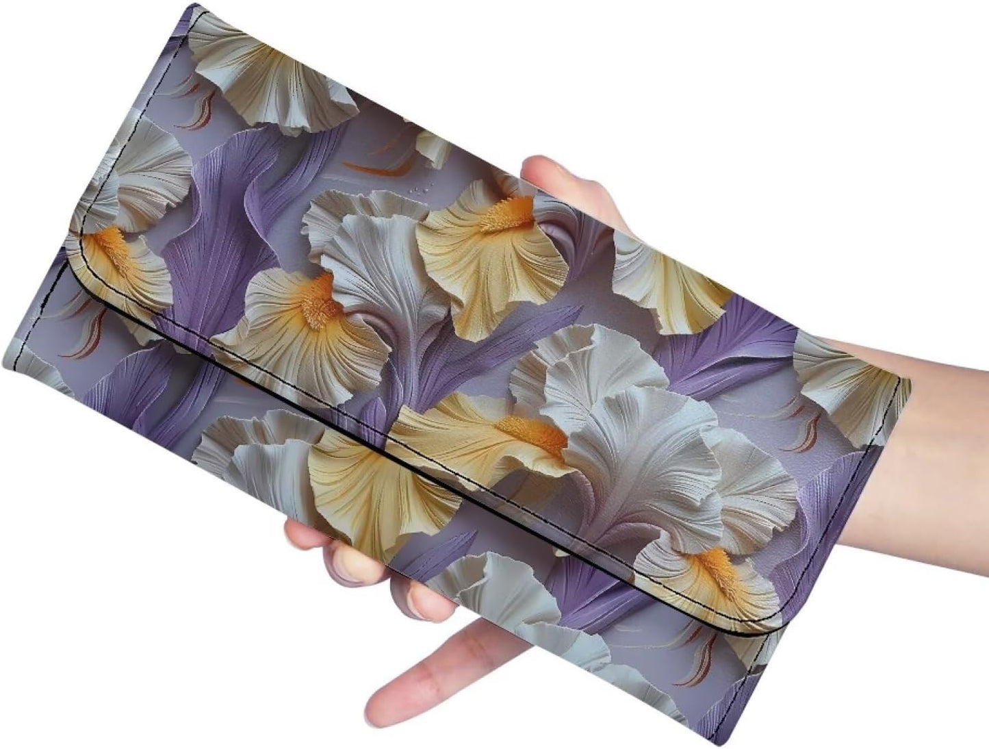 HOTPainting Iris Long Wallets for Women PU Leather Ladies Billfold Wallet,Snap Closure, Purple White Yellow Flowers Trifold Clutch Checkbook Purse with Zipper Pocket
