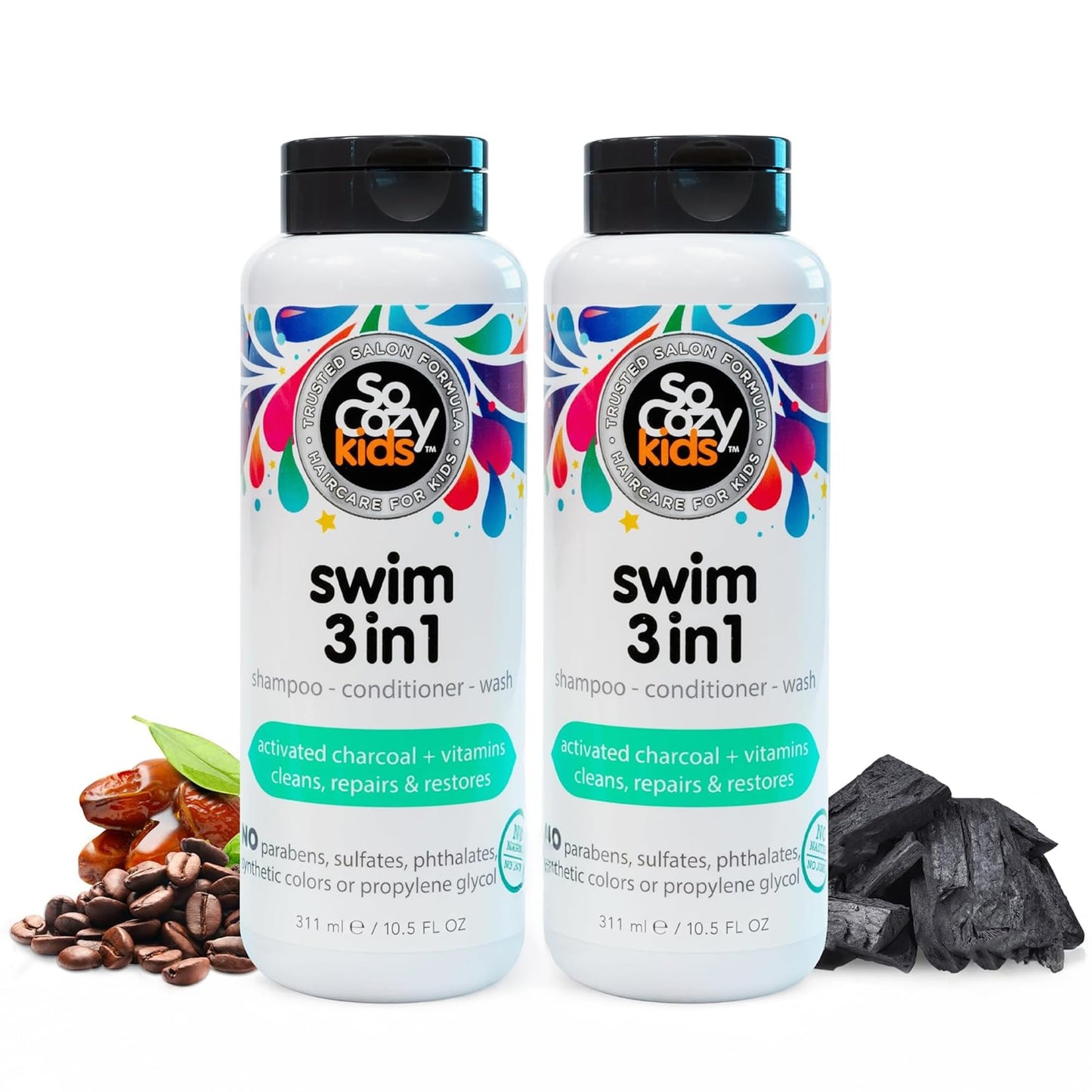 HOTSoCozy Kids Swim 3-in-1 Shampoo, Conditioner & Body Wash - 3-in-1 Combo Pool Shampoo & Conditioner for Swimmers - Salt & Chlorine Removing Activated Charcoal