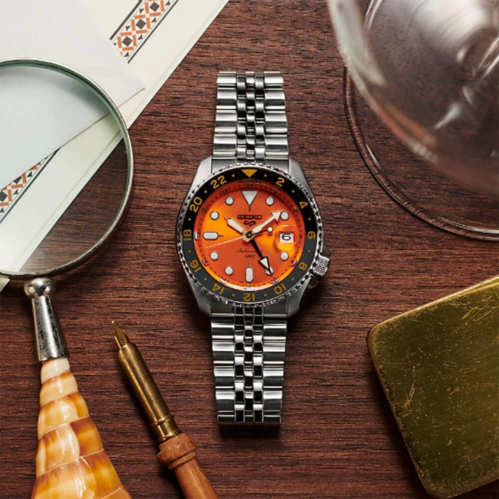 HOTSeiko SSK005 Automatic Watch for Men - 5 -Sports - Orange Dial with Date Calendar and Luminous Hands & Markers and Gray GMT Bezel, 100m Water-Resistant