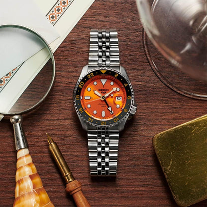HOTSeiko SSK005 Automatic Watch for Men - 5 -Sports - Orange Dial with Date Calendar and Luminous Hands & Markers and Gray GMT Bezel, 100m Water-Resistant